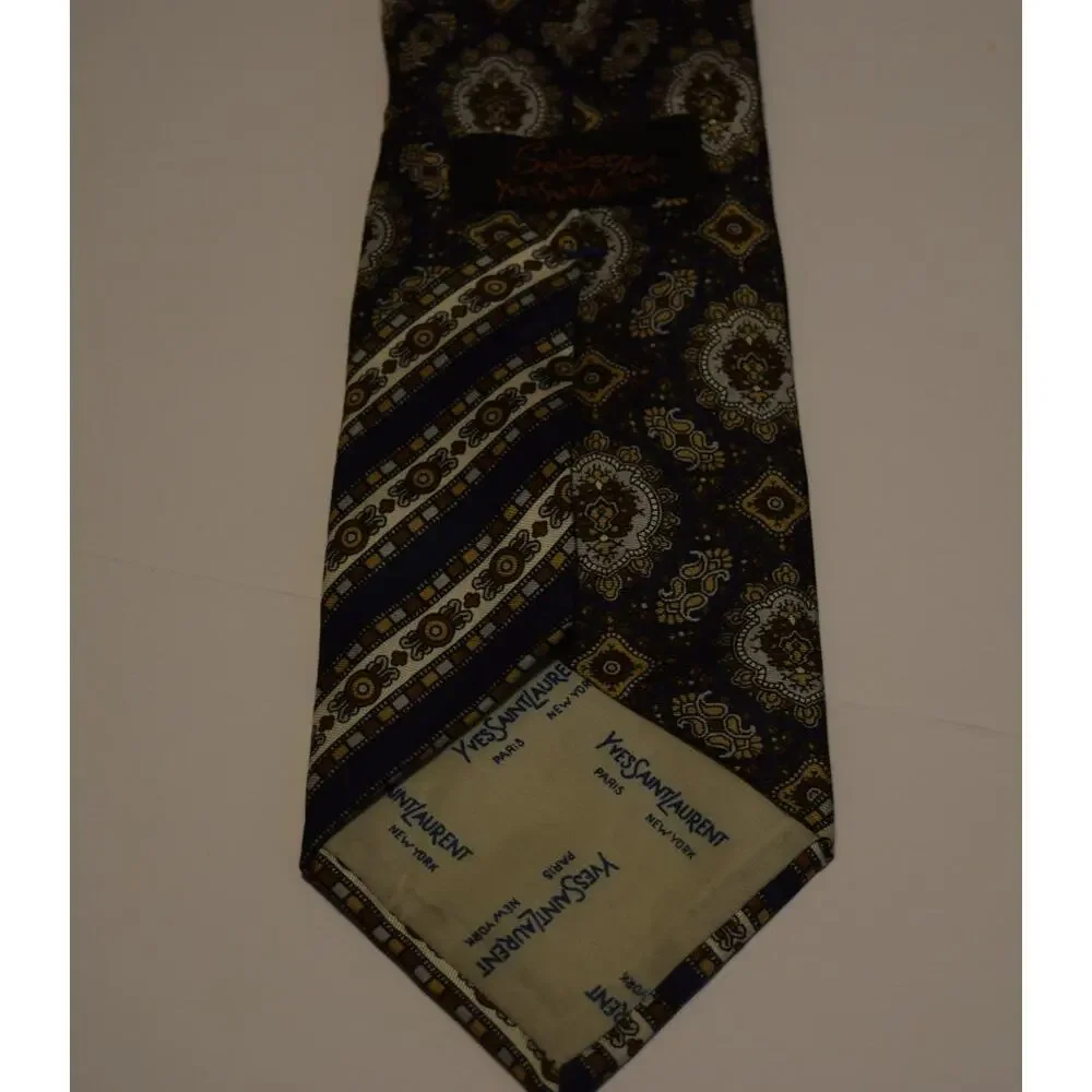 Vintage Yves Saint Laurent Tie Navy Blue Geometric Pattern Designer YSL